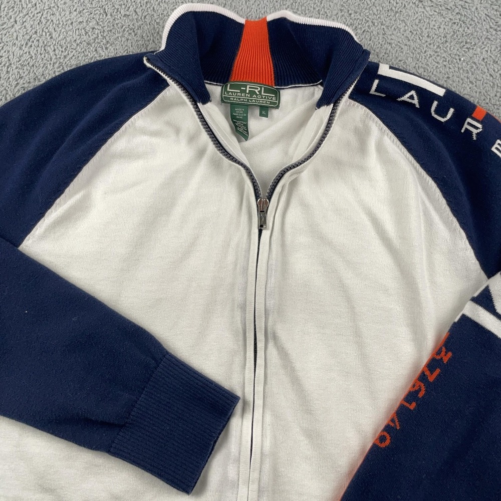 Lauren Ralph Lauren Sweater Womens XL White Blue Full Zip Track Cardigan Active